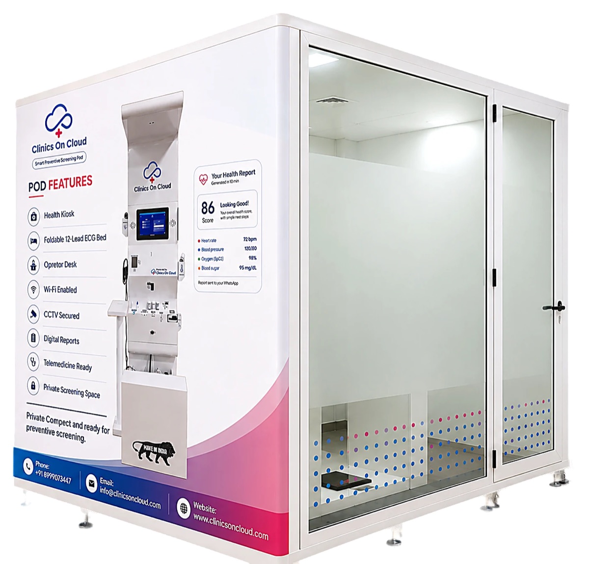 A Clinics On Cloud care pod - the Health Lounge, with the screening kiosk inside